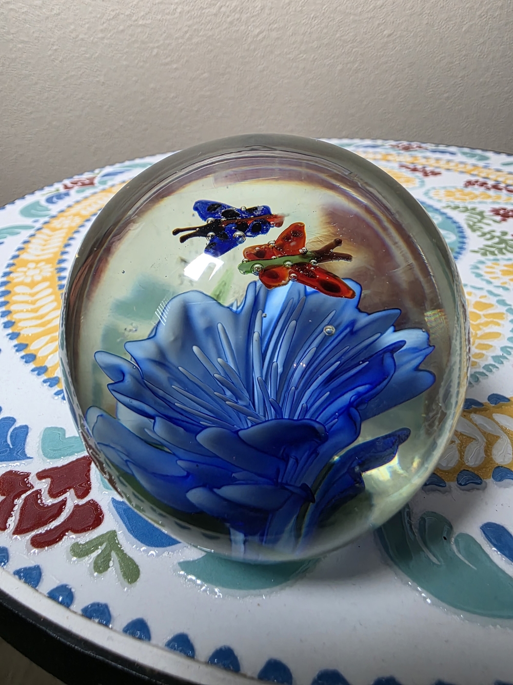 Vintage Handcrafted Blue Floral Glass Paperweight with Red Butterflies